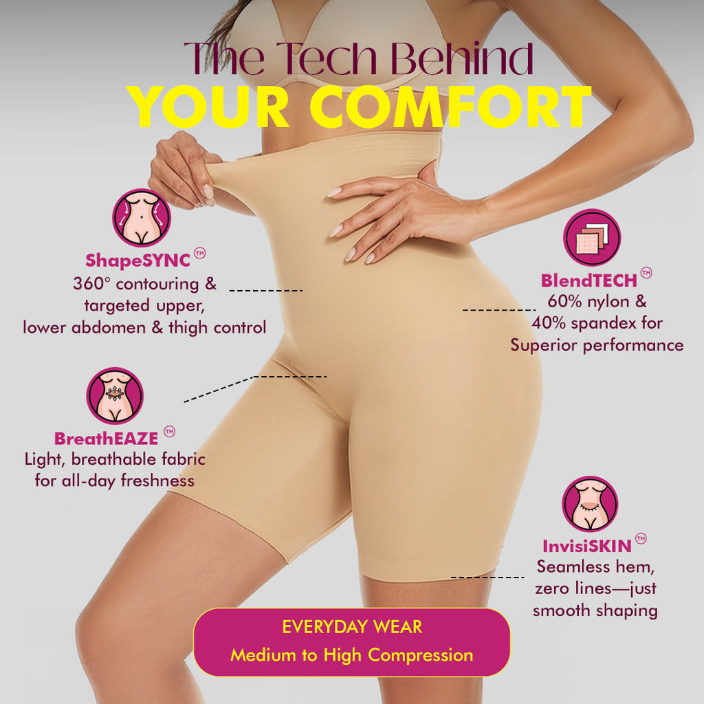 Beige shapewear with features highlighted on a gray background