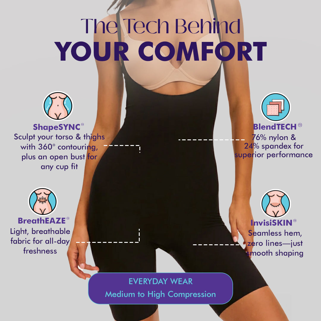Black shapewear with text detailing features on a light gray background