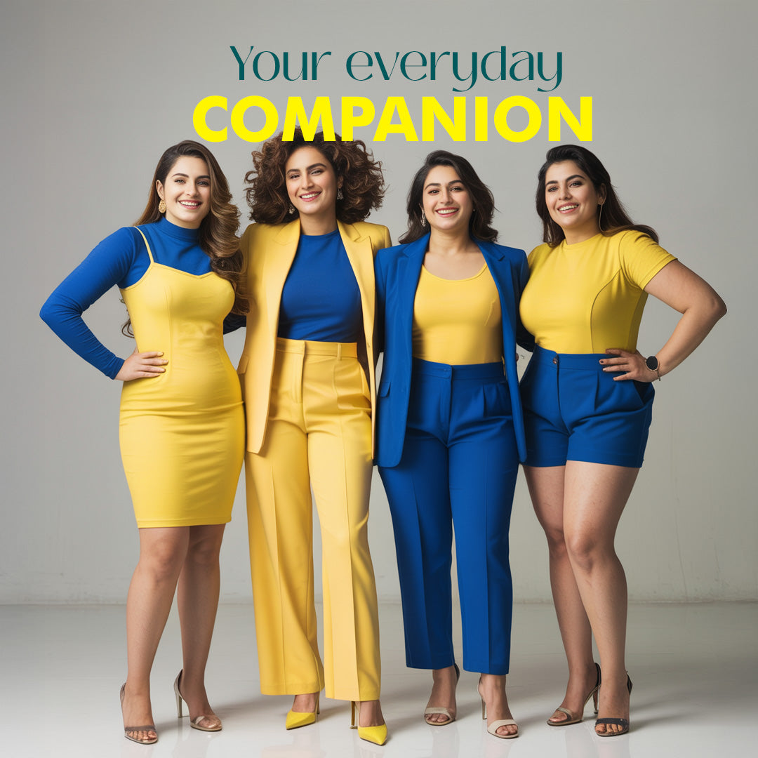 Four women in blue and yellow outfits with text 'Your everyday COMPANION' on a gray background