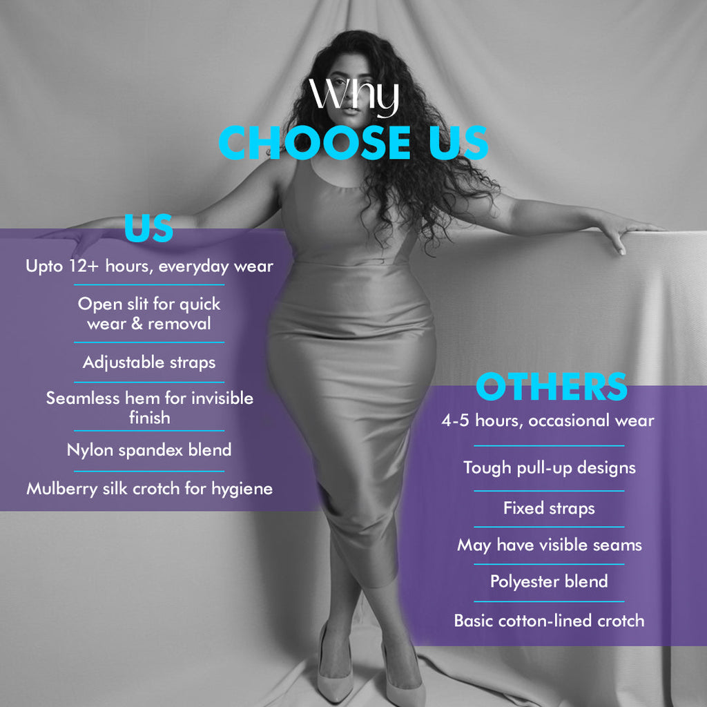 Woman wearing a gray dress with promotional text about product features on a gray background