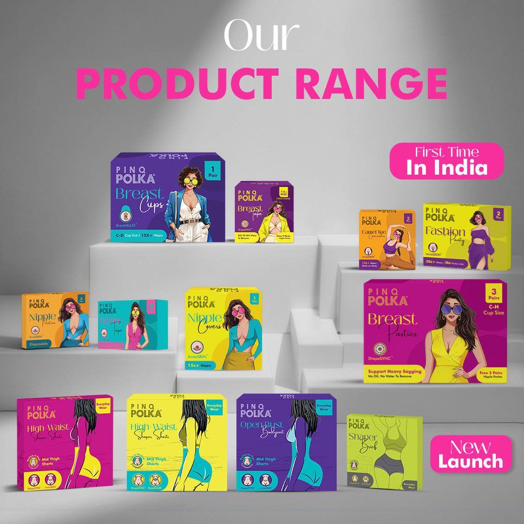 Display of Pinq Polka product packaging on a gray background with promotional text.