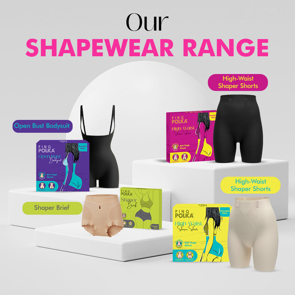 Shapewear products with packaging on a white background, featuring text 'Our Shapewear Range'.