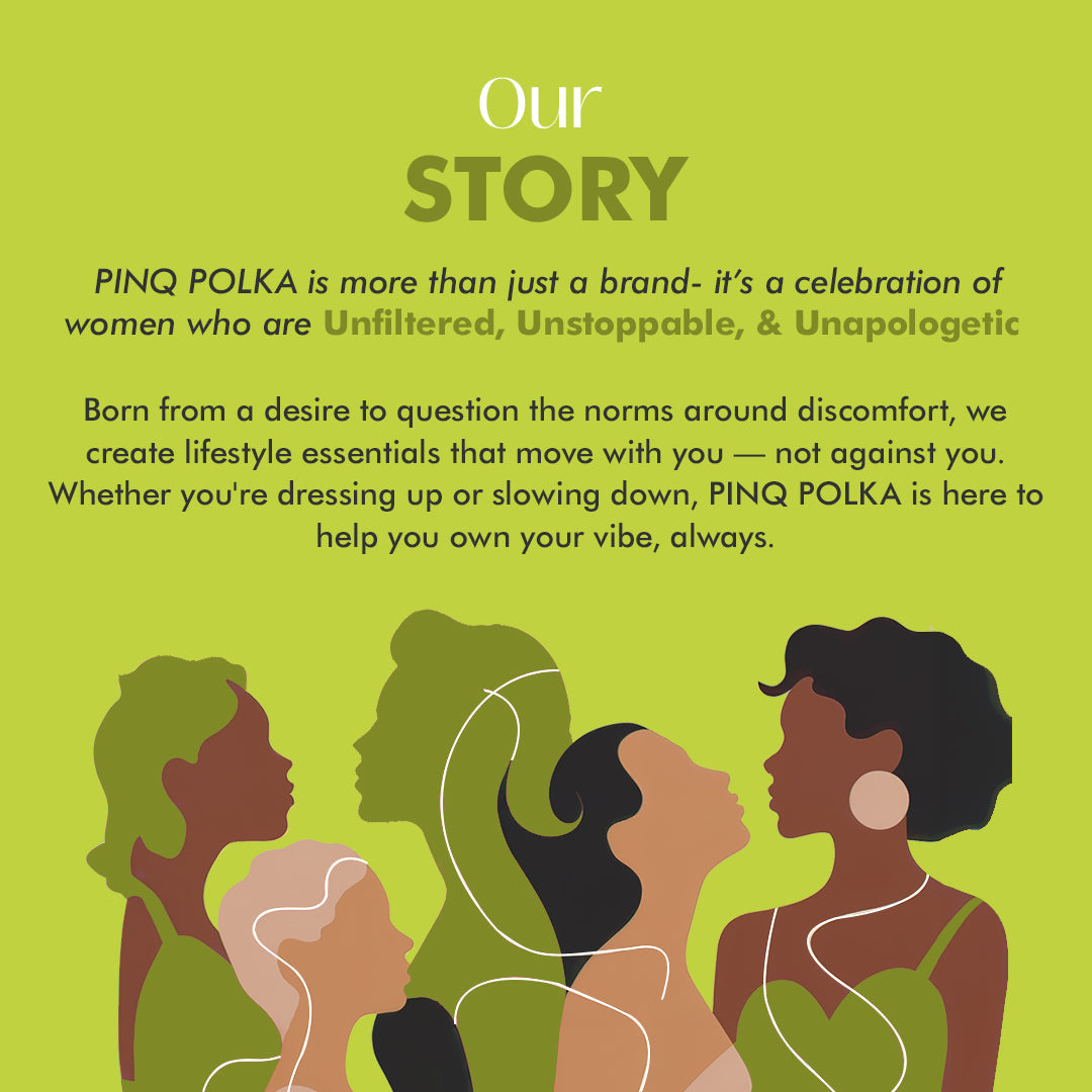 Promotional graphic for PINQ POLKA with text and silhouettes of women on a green background