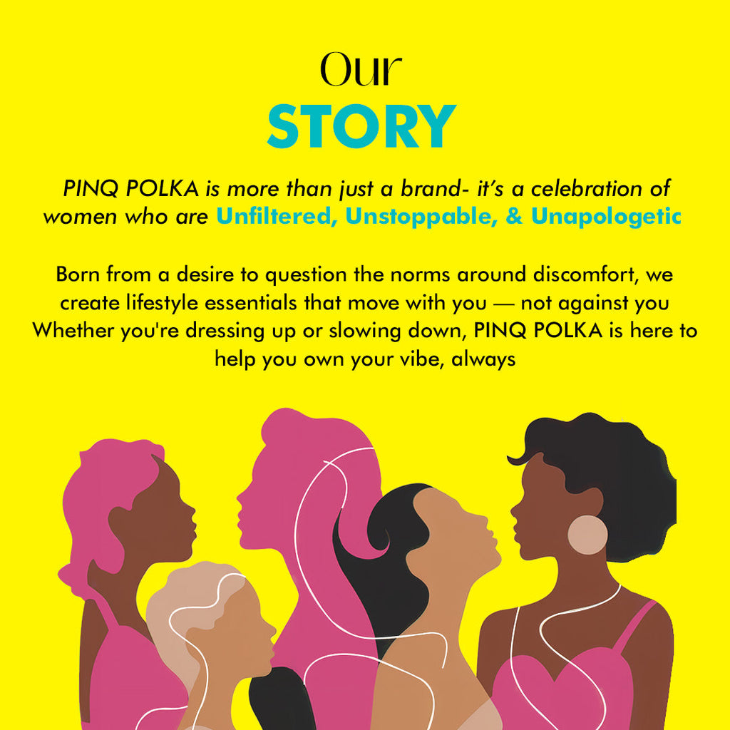 Advertisement for PINQ POLKA with silhouettes of women on a yellow background