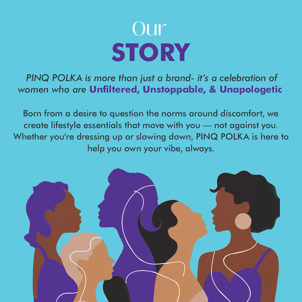 Story graphic for PINQ POLKA with silhouettes of women and brand description text on a blue background