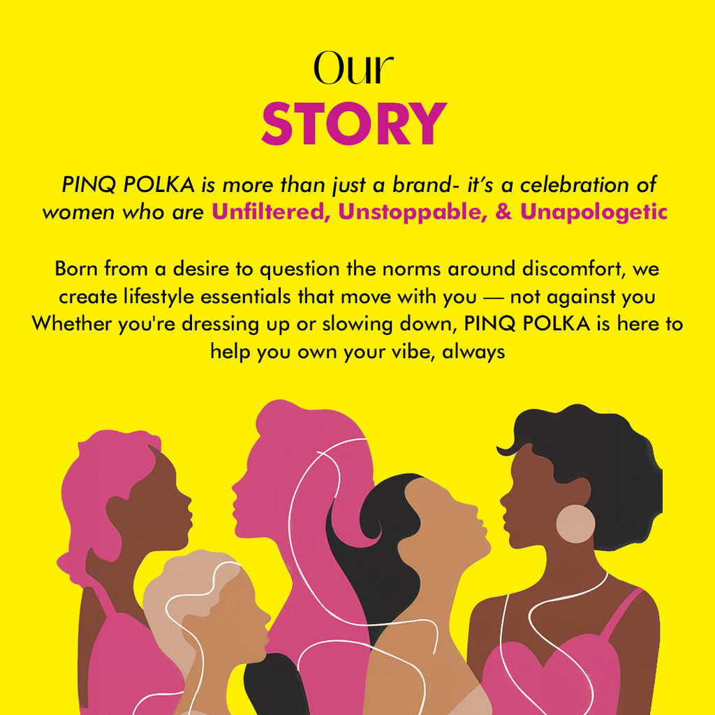 Advertisement for PINQ POLKA with silhouettes of women and brand description text on a yellow background